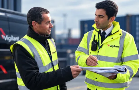 Two Vigilant Security officers reviewing a site plan