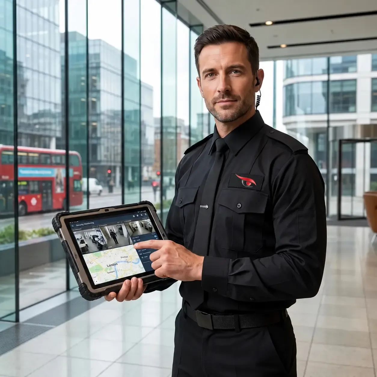 Security officer using a tablet to monitor a commercial site