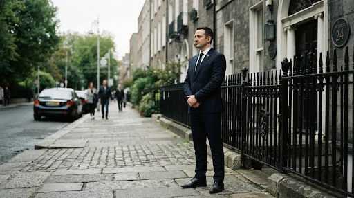 Vigilant close protection operative discreetly monitoring the perimeter outside a luxury residence in Dublin