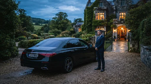 Executive protection vehicle and Vigilant security driver outside a private Irish estate residence at dusk