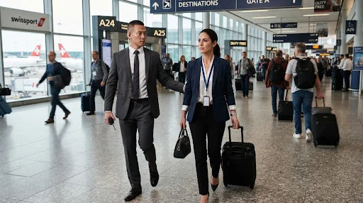 Close protection officer escorting an executive swiftly through airport terminal transit corridors