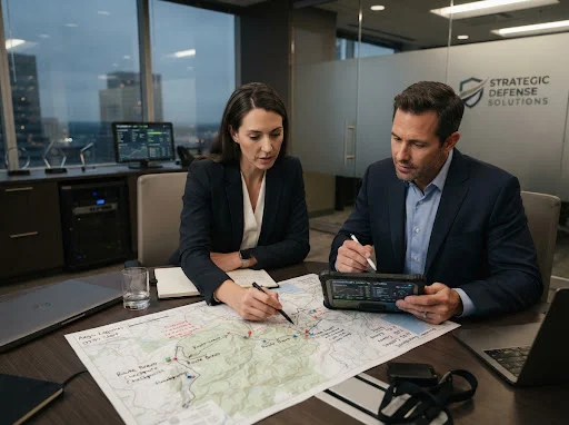 Vigilant close protection planners reviewing route maps and a tablet during a pre-deployment briefing