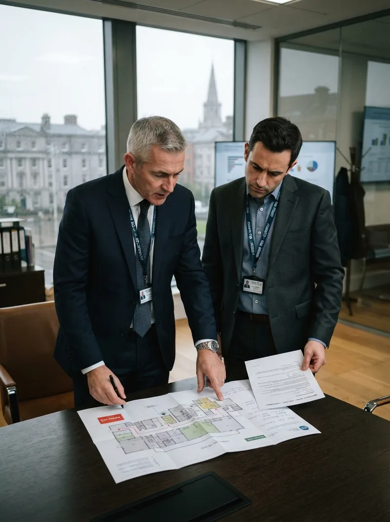 Close protection team leads reviewing venue floor plans in a Dublin office
