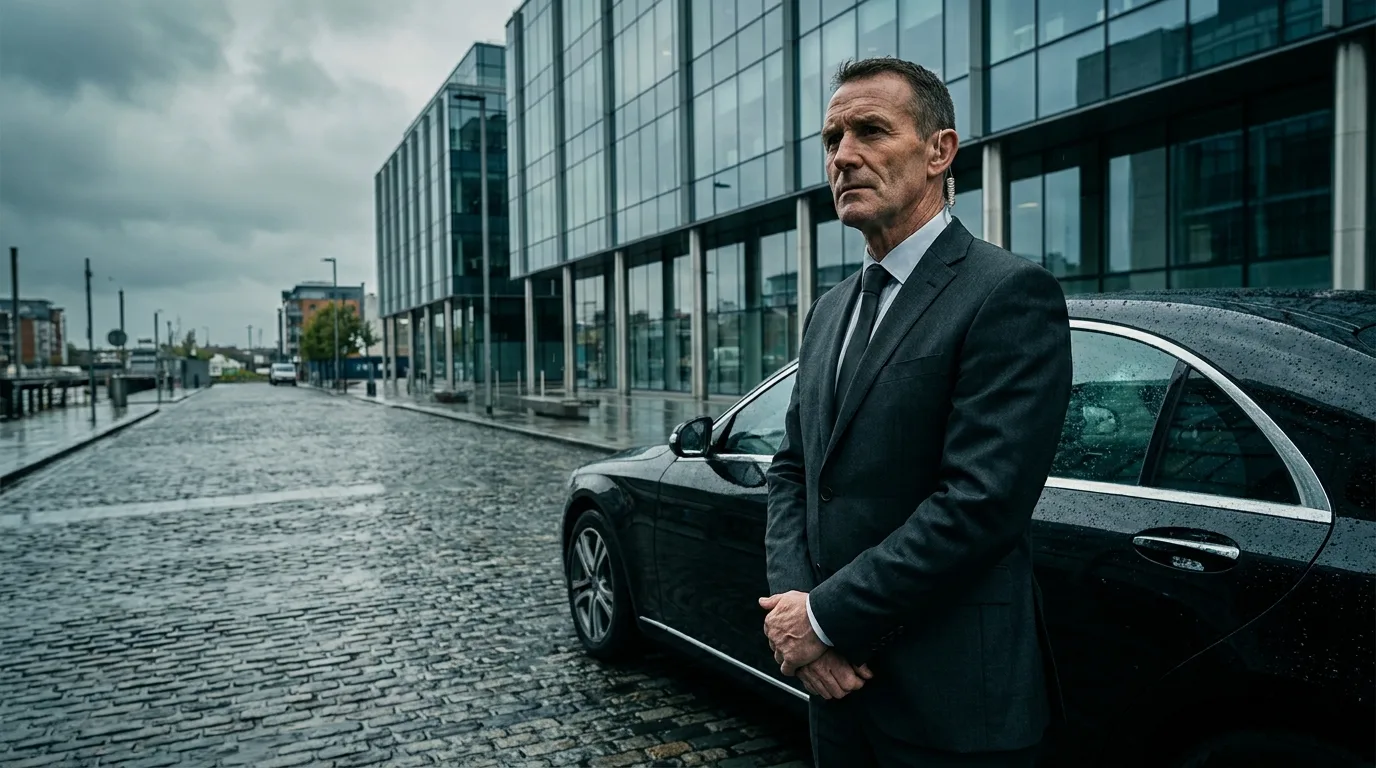 Close protection officer standing beside a client vehicle outside a Dublin office building